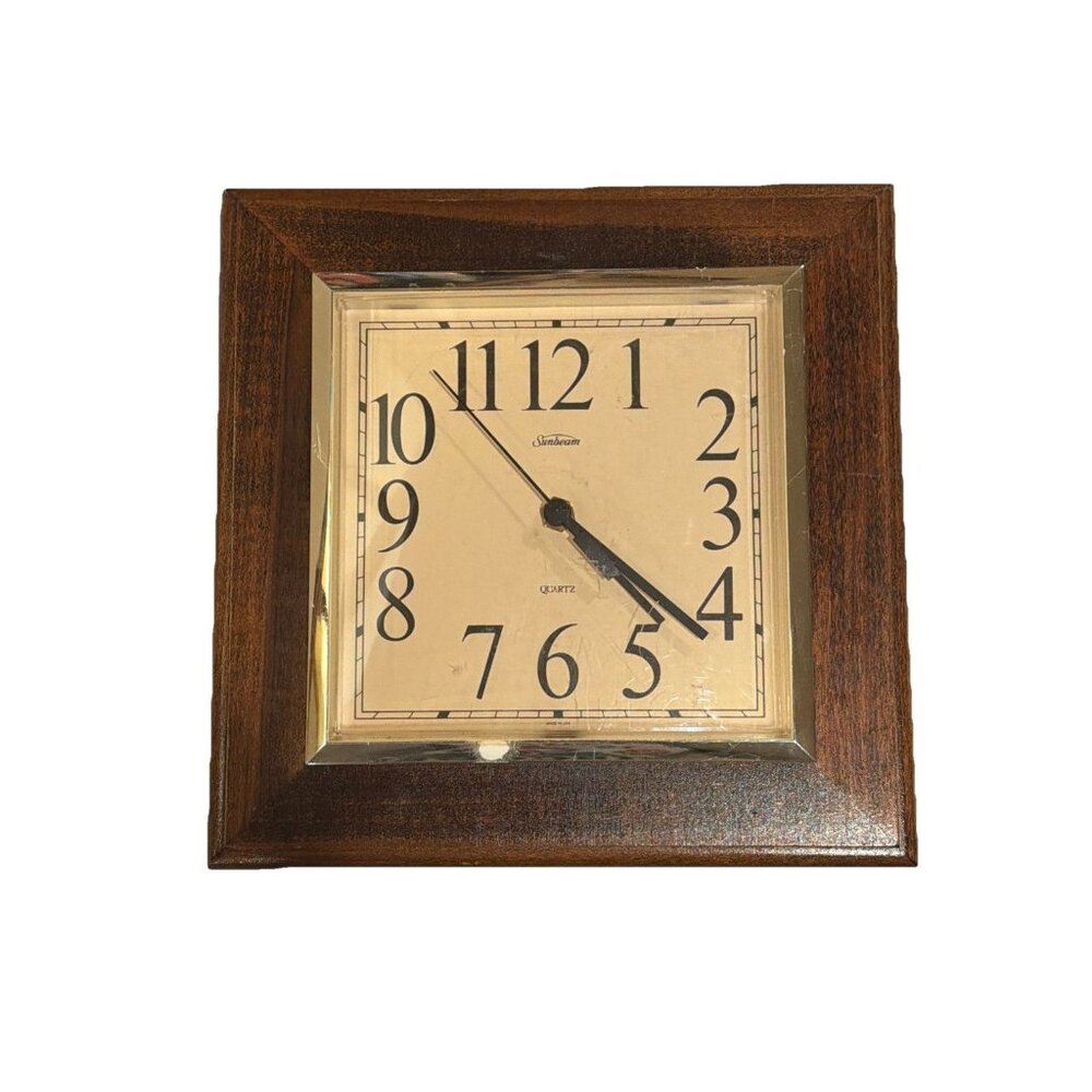Vintage Sunbeam Quartz Wall Clock Wood Beveled Glass 10” USA